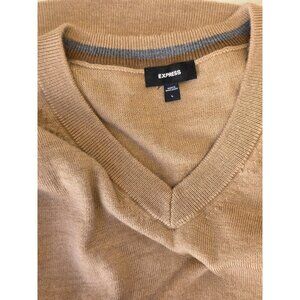 Express Merino Wool V-Neck Sweater Mens Sz L Beige/Tan Lightweight Knit Pullover